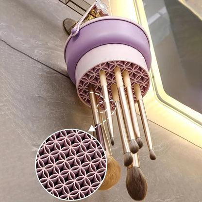 3-In-1 Silicone Makeup Brush Cleaner Mat & Drying Rack - Cosmetic Brush Cleaning & Air Dry Tool, Beauty Tool Organizer Kit