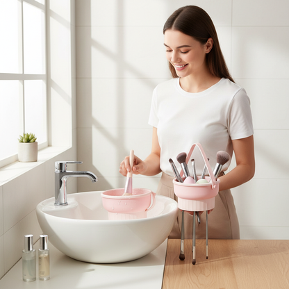3-In-1 Silicone Makeup Brush Cleaner Mat & Drying Rack - Cosmetic Brush Cleaning & Air Dry Tool, Beauty Tool Organizer Kit
