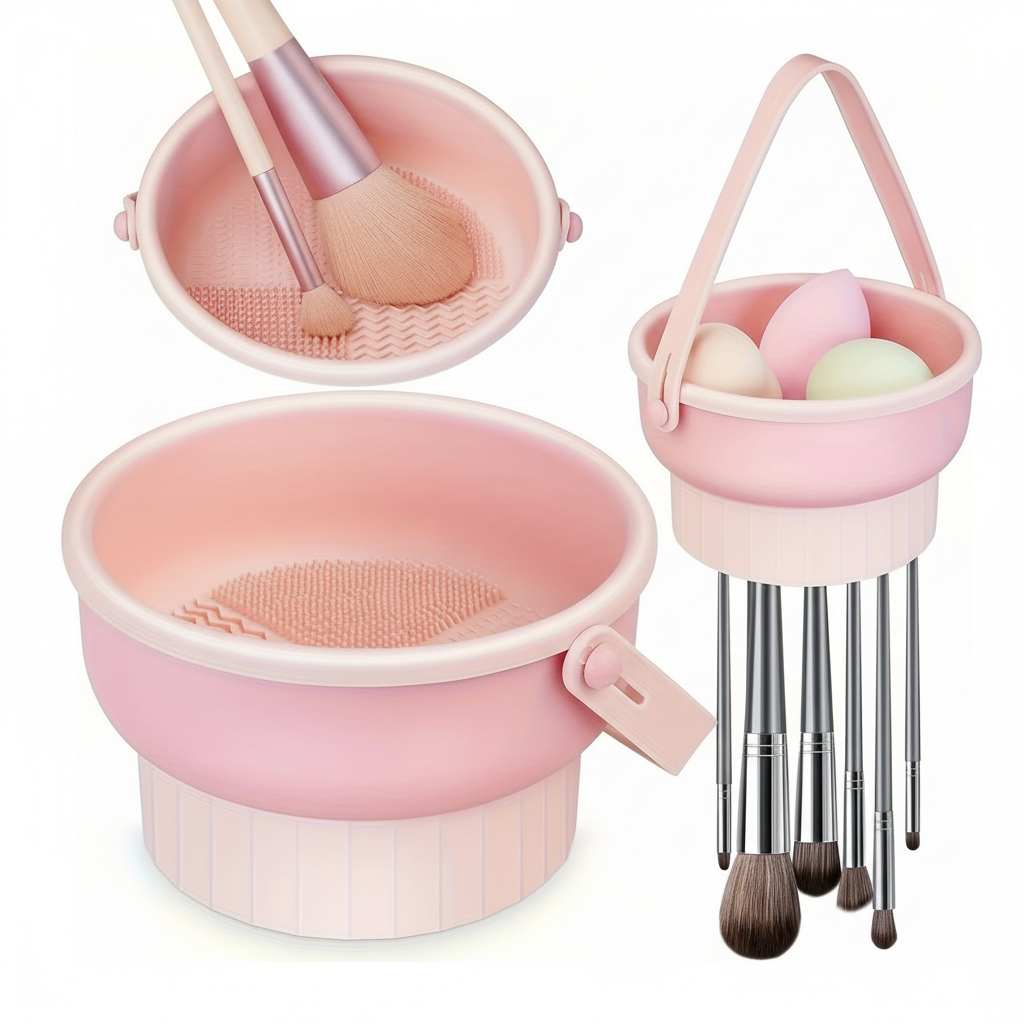 3-In-1 Silicone Makeup Brush Cleaner Mat & Drying Rack - Cosmetic Brush Cleaning & Air Dry Tool, Beauty Tool Organizer Kit